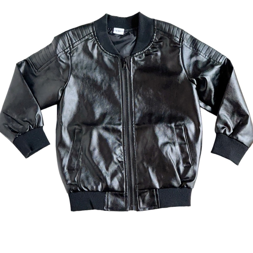 Toddler Boy Trendy Zipper PU Faux Leather Black Bomber Jacket